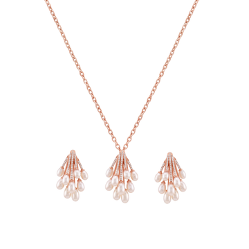 Éverine: Rose Gold Pearl Pendant & Stud Earrings Set in 925 Sterling Silver