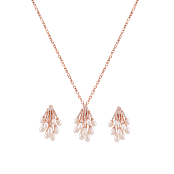 Éverine: Rose Gold Pearl Pendant & Stud Earrings Set in 925 Sterling Silver