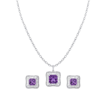 Regal Amethyst Square Halo Pendant Set