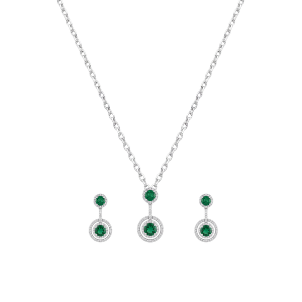 Serelle: Green Stone Halo Pendant & Drop Stud Earrings Set in 925 Sterling Silver