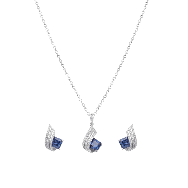 Seravie: Blue Sapphire Pendant & Stud Earrings Set in 925 Sterling Silver